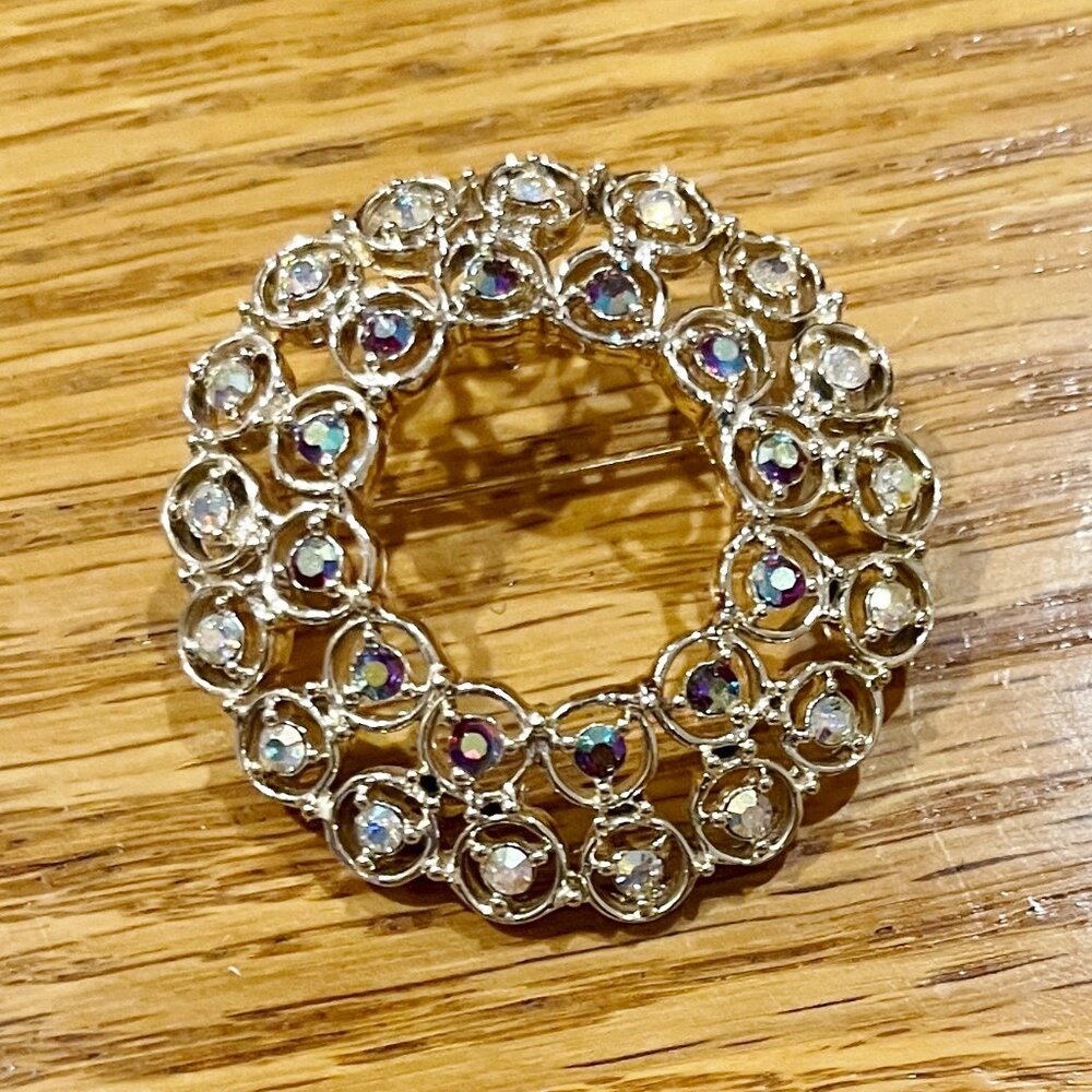 Vintage Crystal Beaded Round Wreath Brooch Pin by DODDS